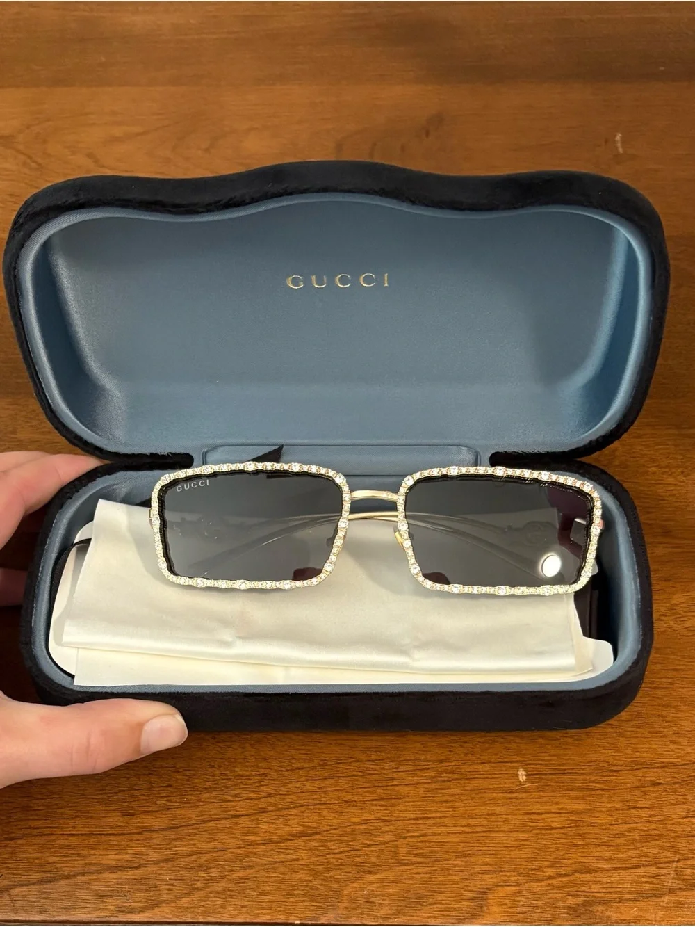 Gucci GG1568S Gold Rimless Embellished Square Sunglasses Gray Tinted UV400. 52mm